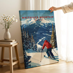 Whiteface Mountain Print | Ski Poster with Red Jacket Skier showcasing a skier against a snowy mountain backdrop.