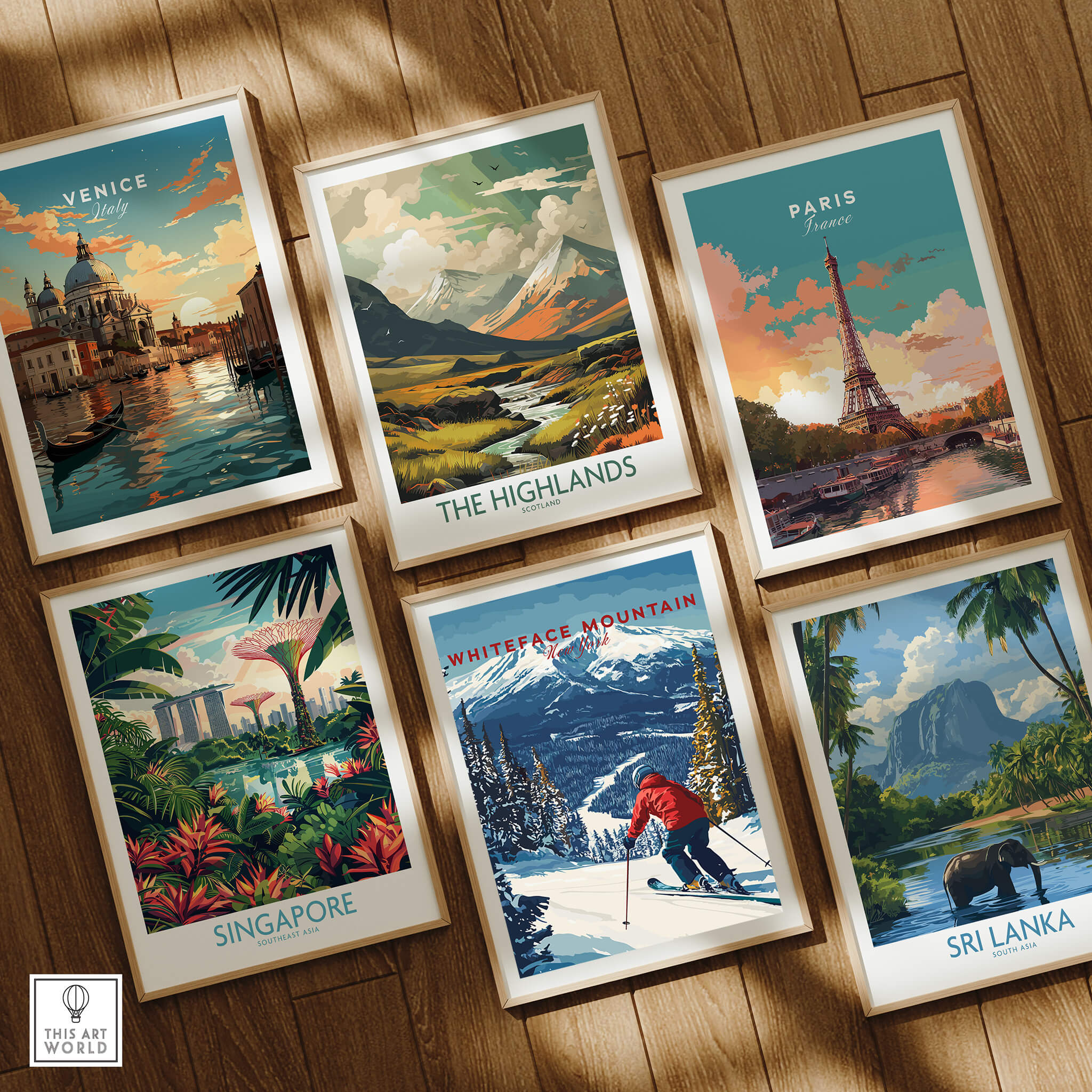 Whiteface Mountain Print | Ski Poster with Red Jacket Skier on a display with travel art prints.