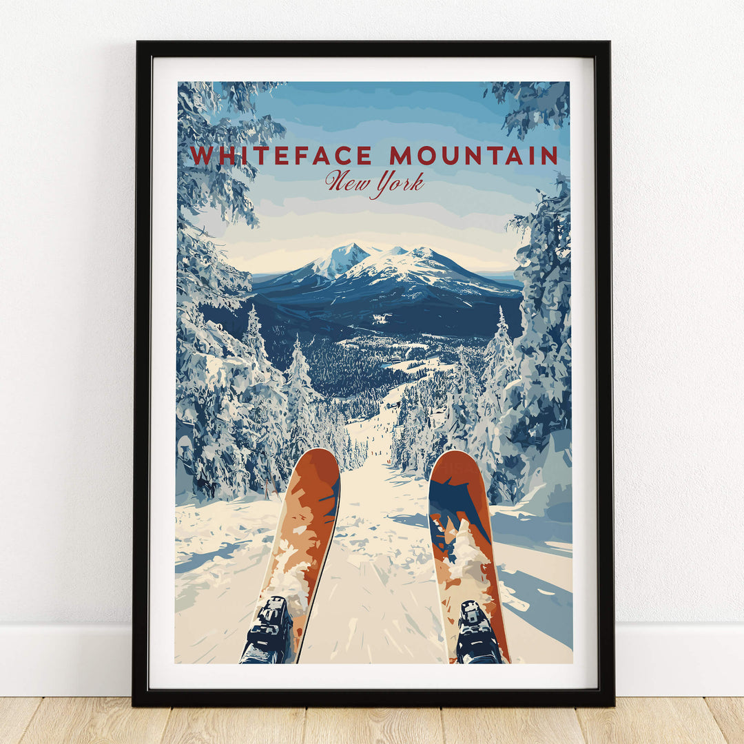 Whiteface | Snow Scene Mountain Print featuring a skier's view down a snowy slope surrounded by trees.