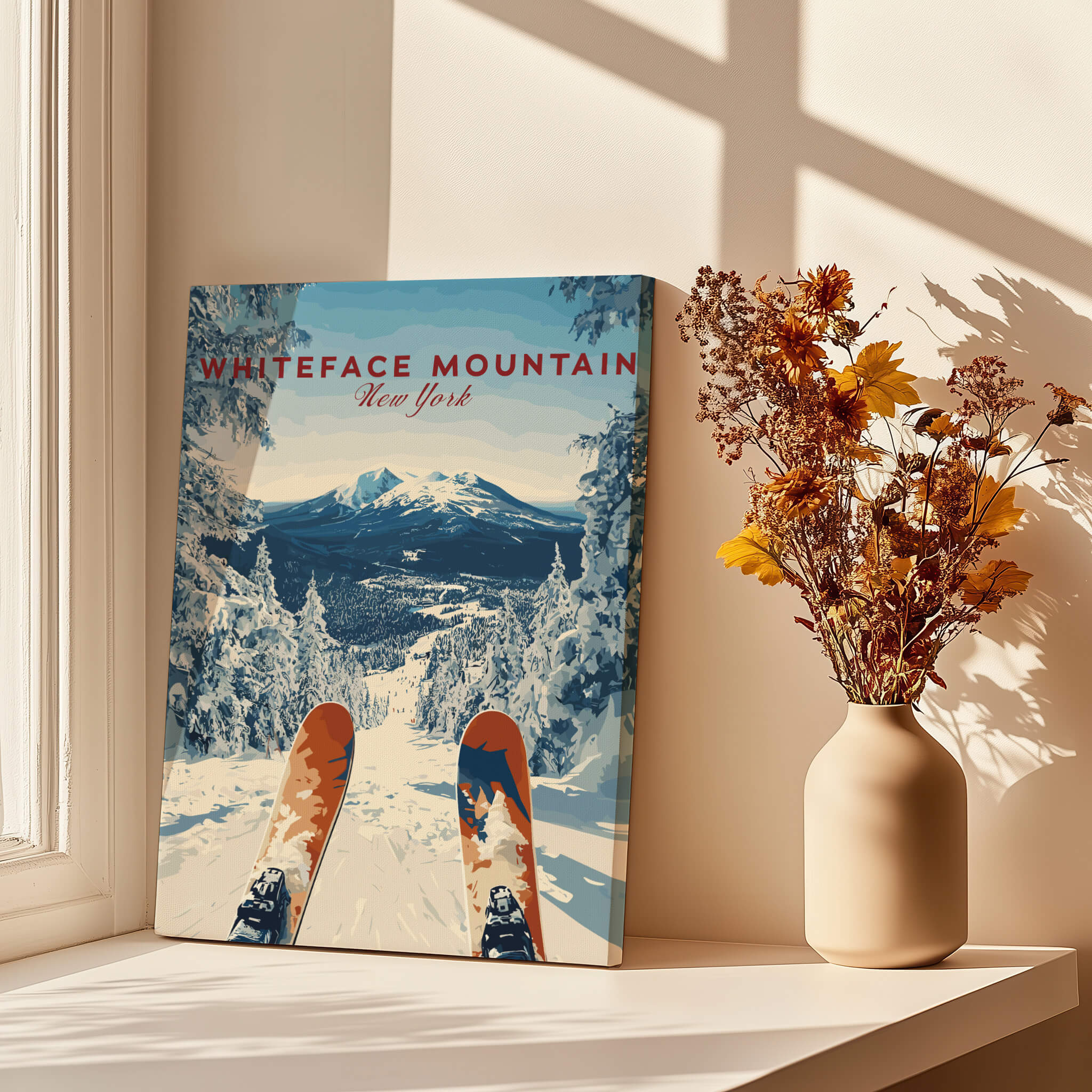 Whiteface | Snow Scene Mountain Print showcasing a snowy mountain and skiing view, perfect for winter decor.