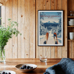 Whiteface | Snow Scene Mountain Print featuring a skier’s view of snowy slopes in a rustic wooden setting.