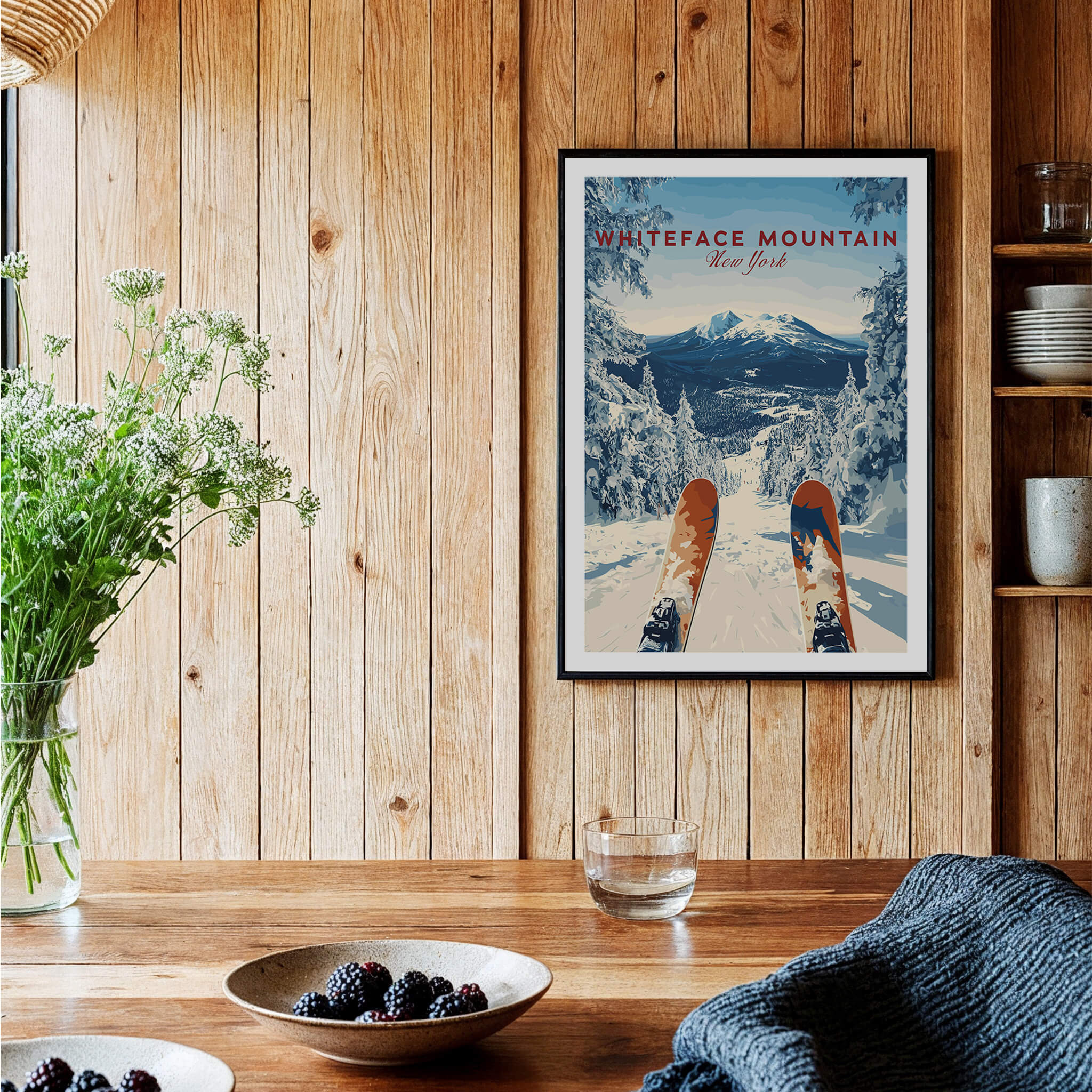 Whiteface | Snow Scene Mountain Print featuring a skier’s view of snowy slopes in a rustic wooden setting.
