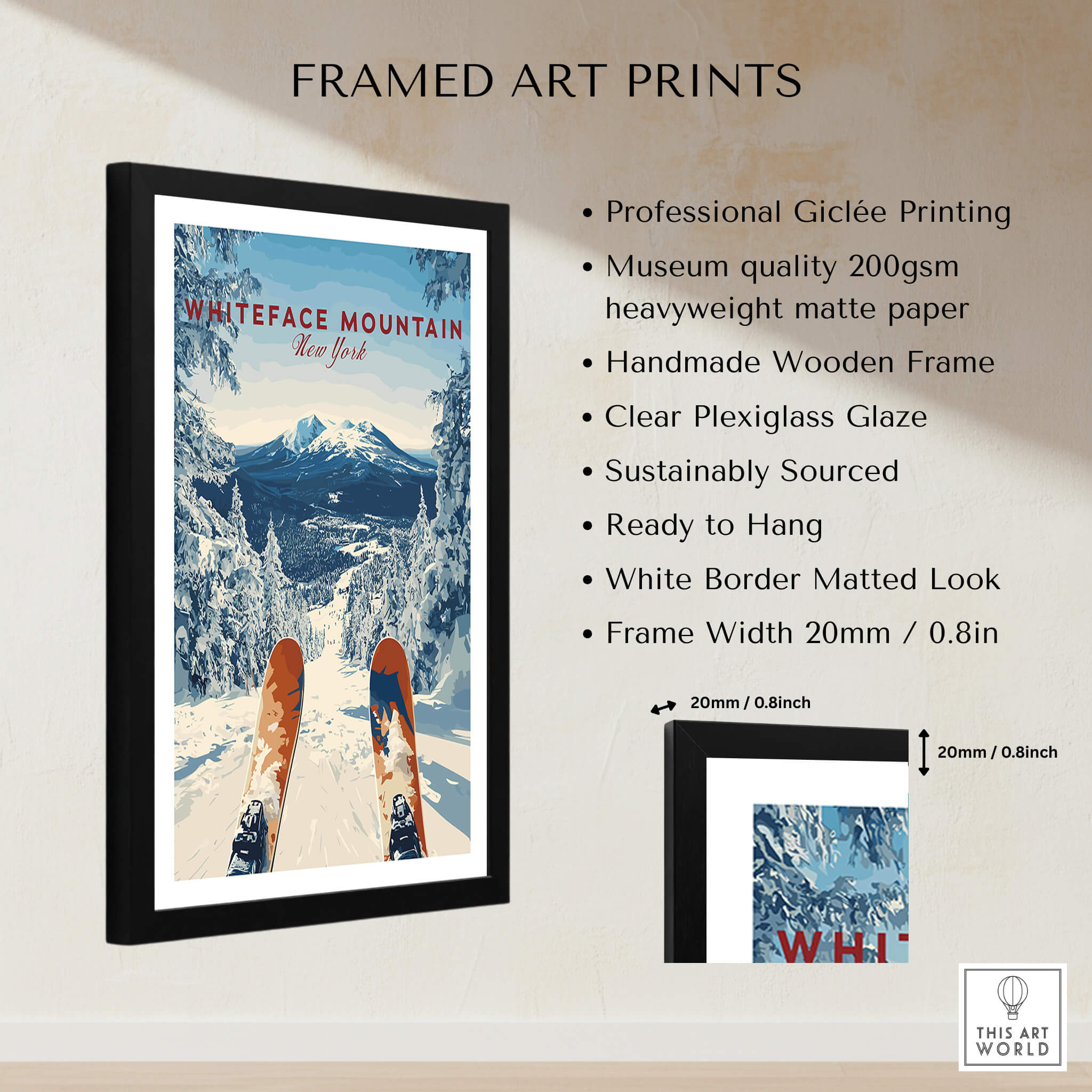 Whiteface | Snow Scene Mountain Print framed art print featuring snowy mountain with skis, perfect for winter decor.