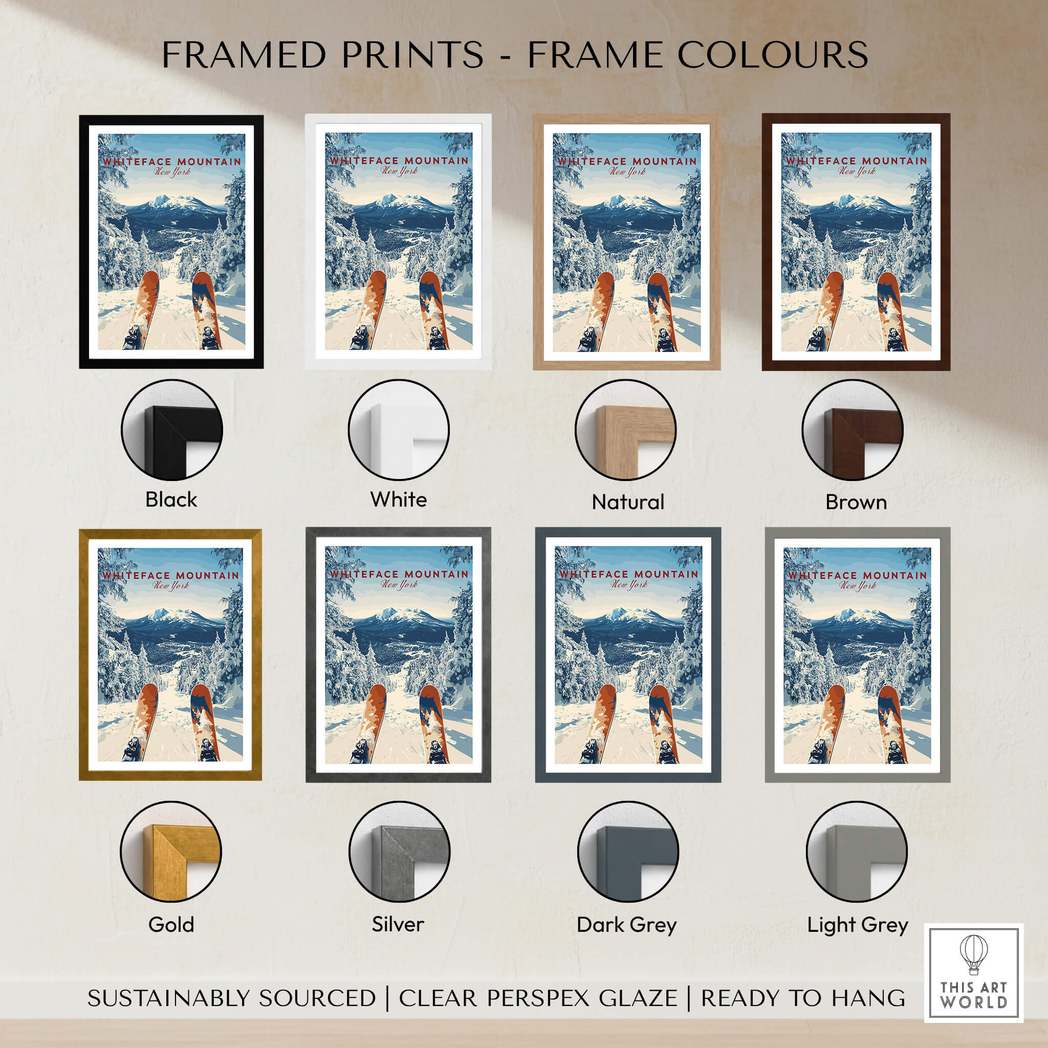 Framed prints showcasing various frame colors for Whiteface | Snow Scene Mountain Print including black, white, natural, and brown.