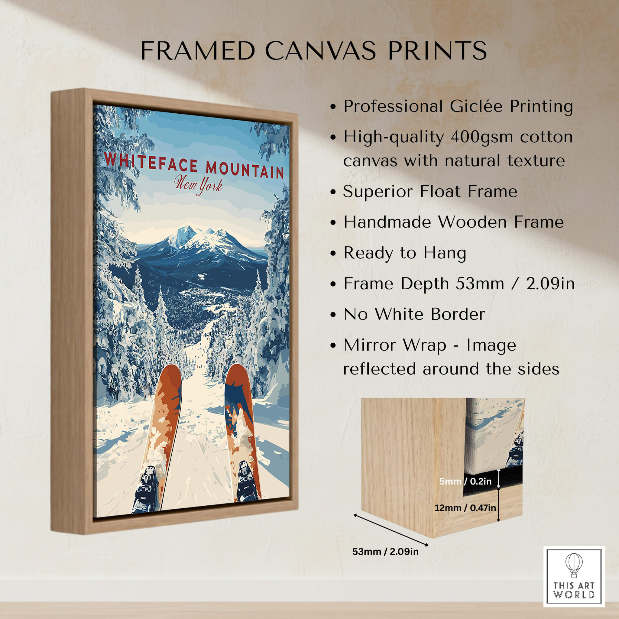 Whiteface | Snow Scene Mountain Print showcasing a framed canvas print with snowy landscape and ski elements.