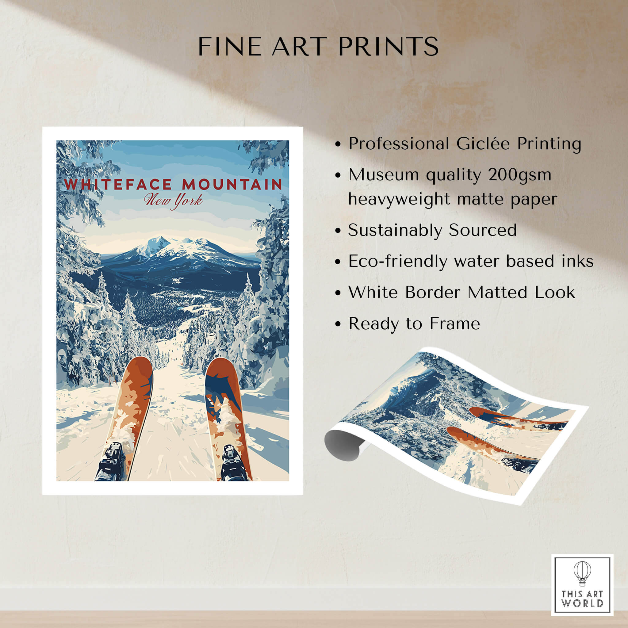 Whiteface | Snow Scene Mountain Print featuring snowy slopes and ski gear, perfect for winter decor.