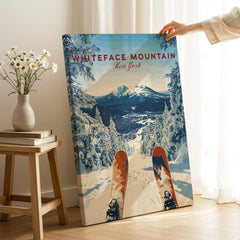 Whiteface | Snow Scene Mountain Print showcasing a snowy mountain view with skis in the foreground for winter decor.