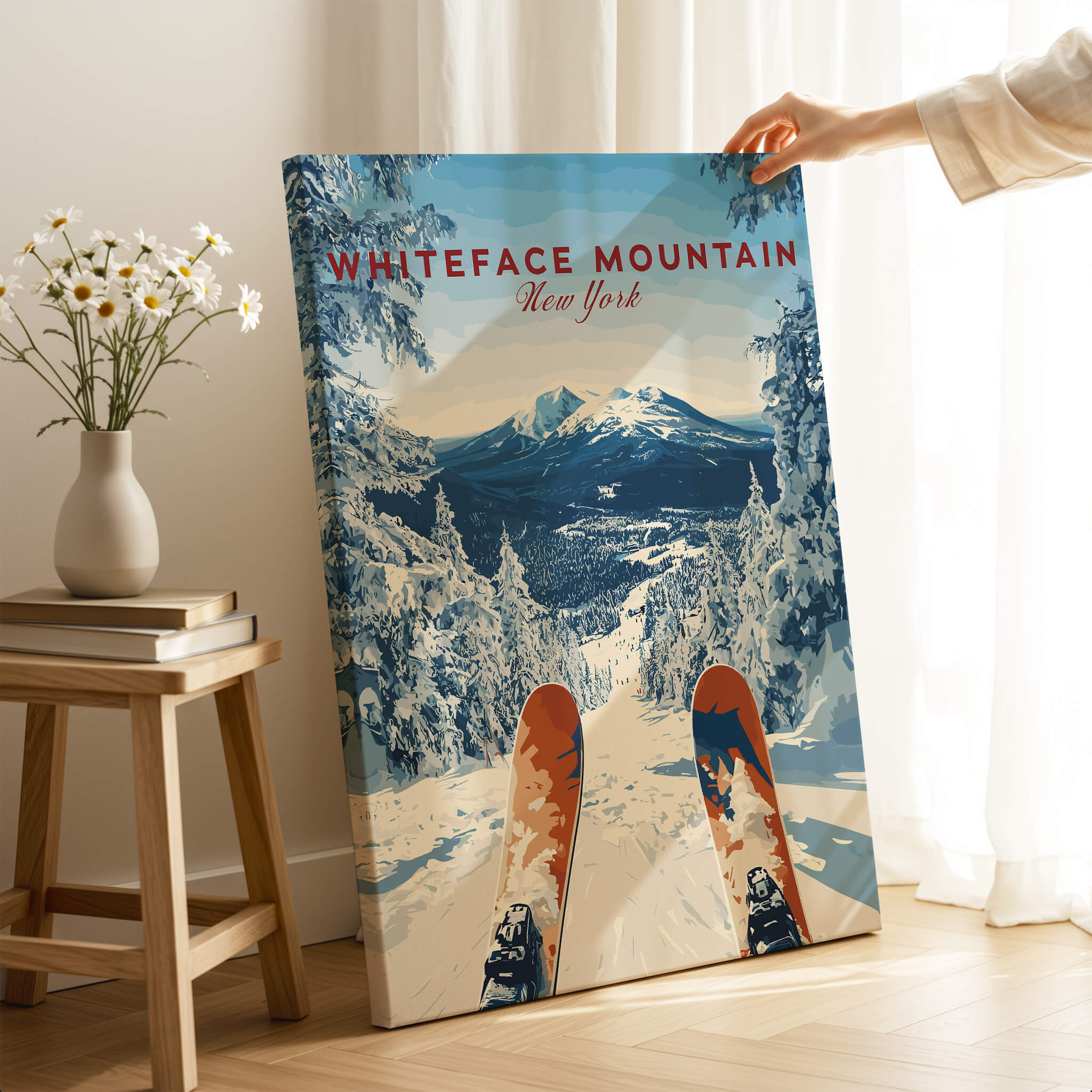 Whiteface | Snow Scene Mountain Print showcasing a snowy mountain view with skis in the foreground for winter decor.