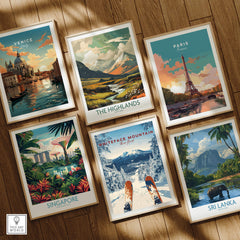 A curated collection of travel posters featuring Venice, The Highlands, Paris, Singapore, Whiteface Mountain, and Sri Lanka.