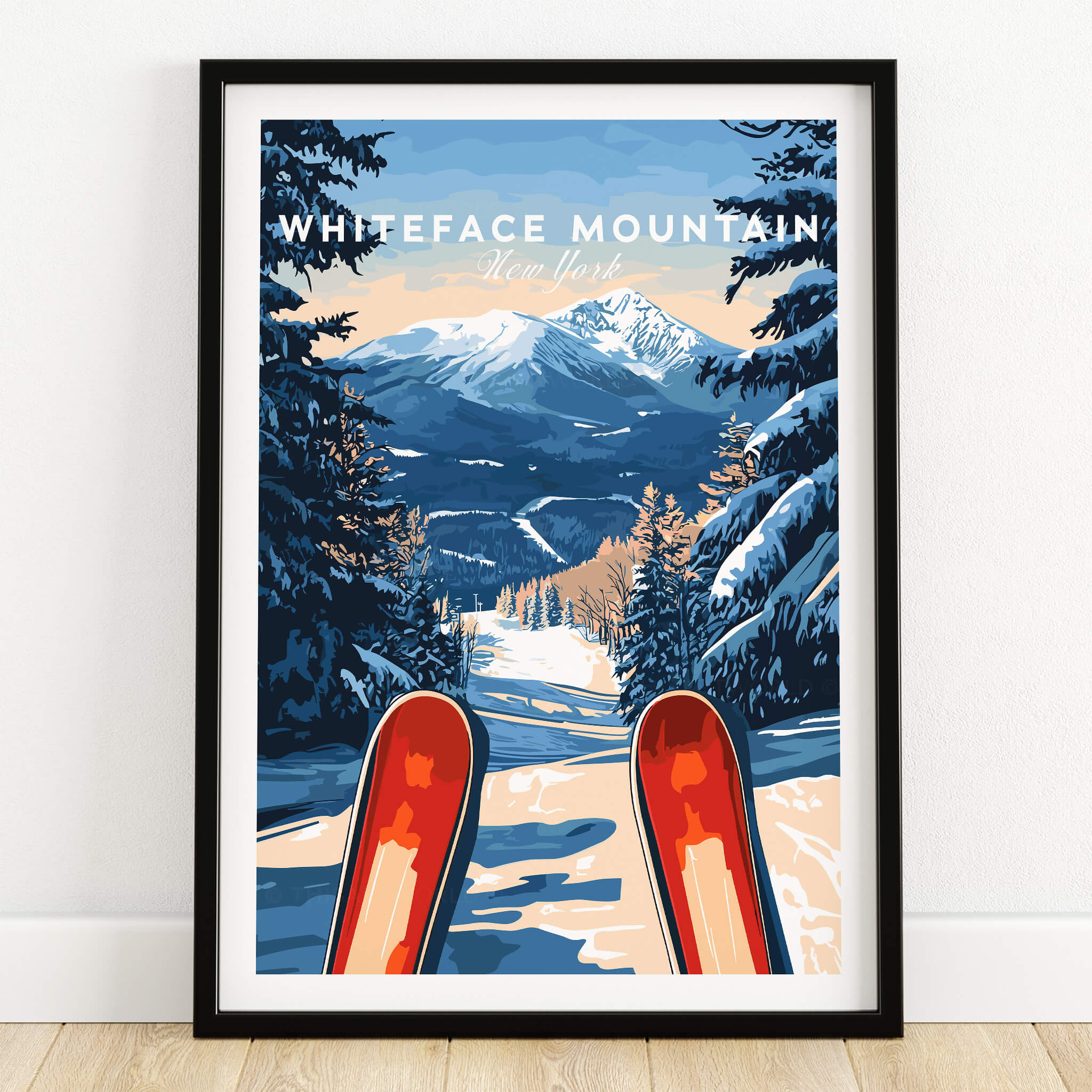 Whiteface Mountain Ski Poster showcasing a scenic winter landscape with skis in the foreground.