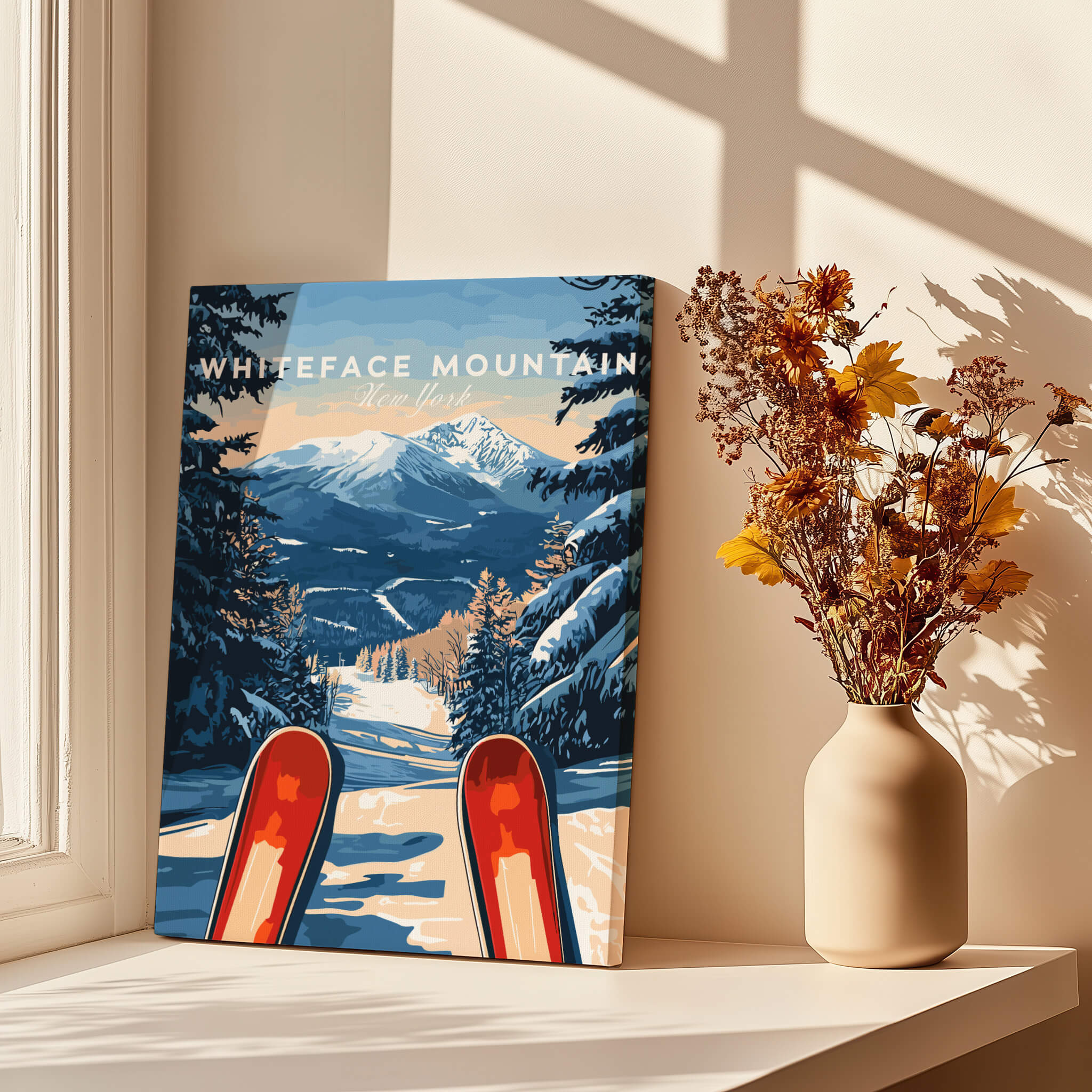 Whiteface Mountain Ski Poster showcasing a snowy landscape and ski equipment by a window.
