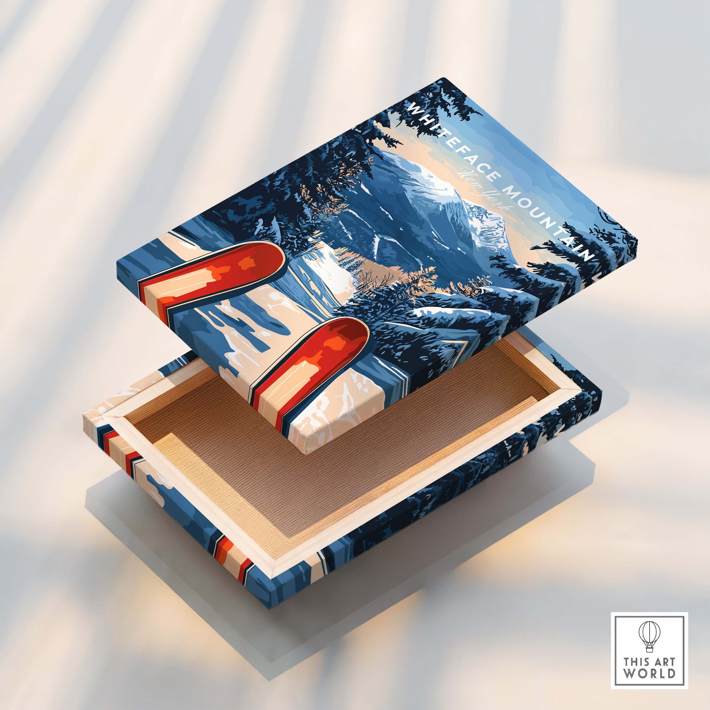 Whiteface Mountain Ski Poster showcasing a stunning winter mountain scene with skis.