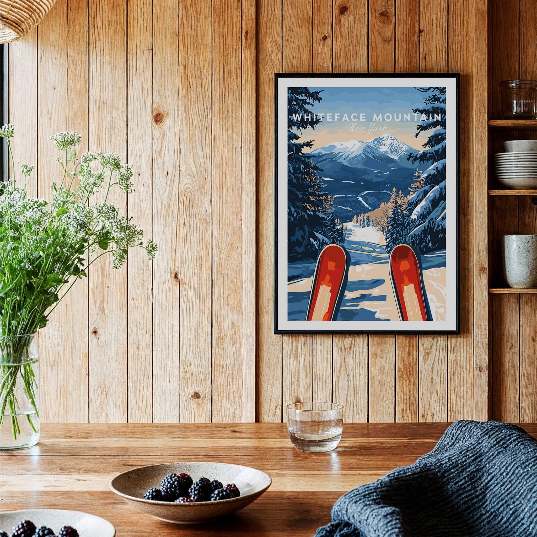 Whiteface Mountain Ski Poster showcasing a winter scene with skis and snow-covered mountains.