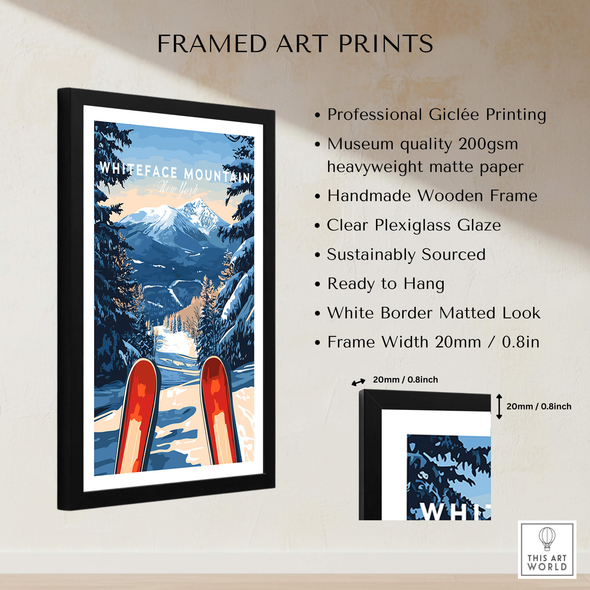 Whiteface Mountain Ski Poster showcased in a framed art print with professional Giclée printing and a wooden frame.