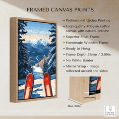 Whiteface Mountain Ski Poster framed canvas print showcasing skiing and winter scenery.