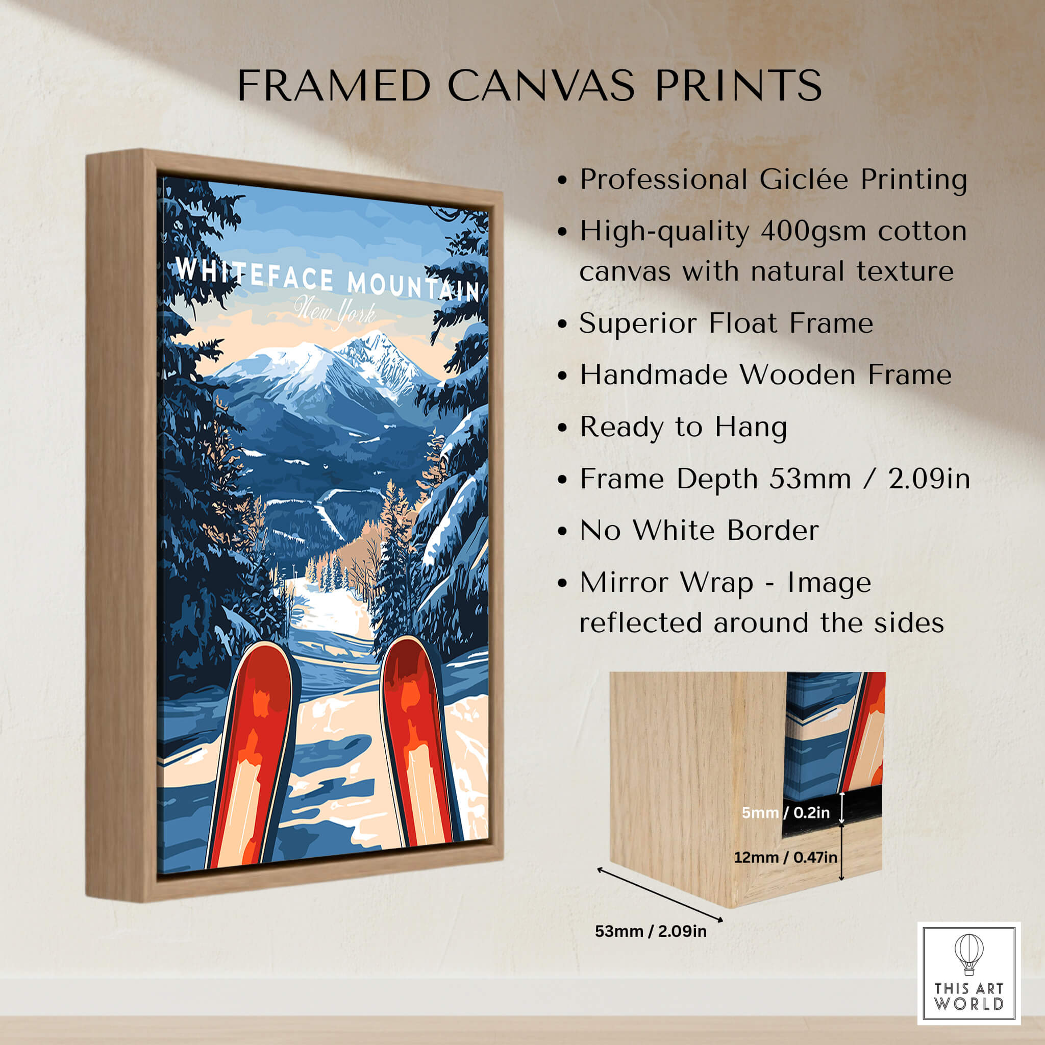Whiteface Mountain Ski Poster framed canvas print showcasing skiing and winter scenery.