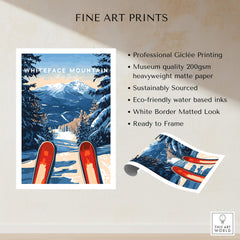 Whiteface Mountain Ski Poster featuring skis and snowy mountain scenery, perfect for inspiring winter adventures.