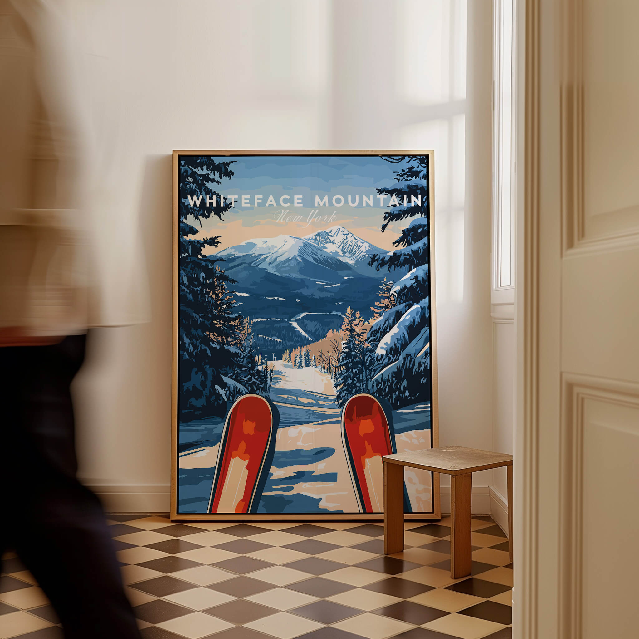 Whiteface Mountain Ski Poster featuring a scenic winter landscape and ski tracks in a cozy interior setting.