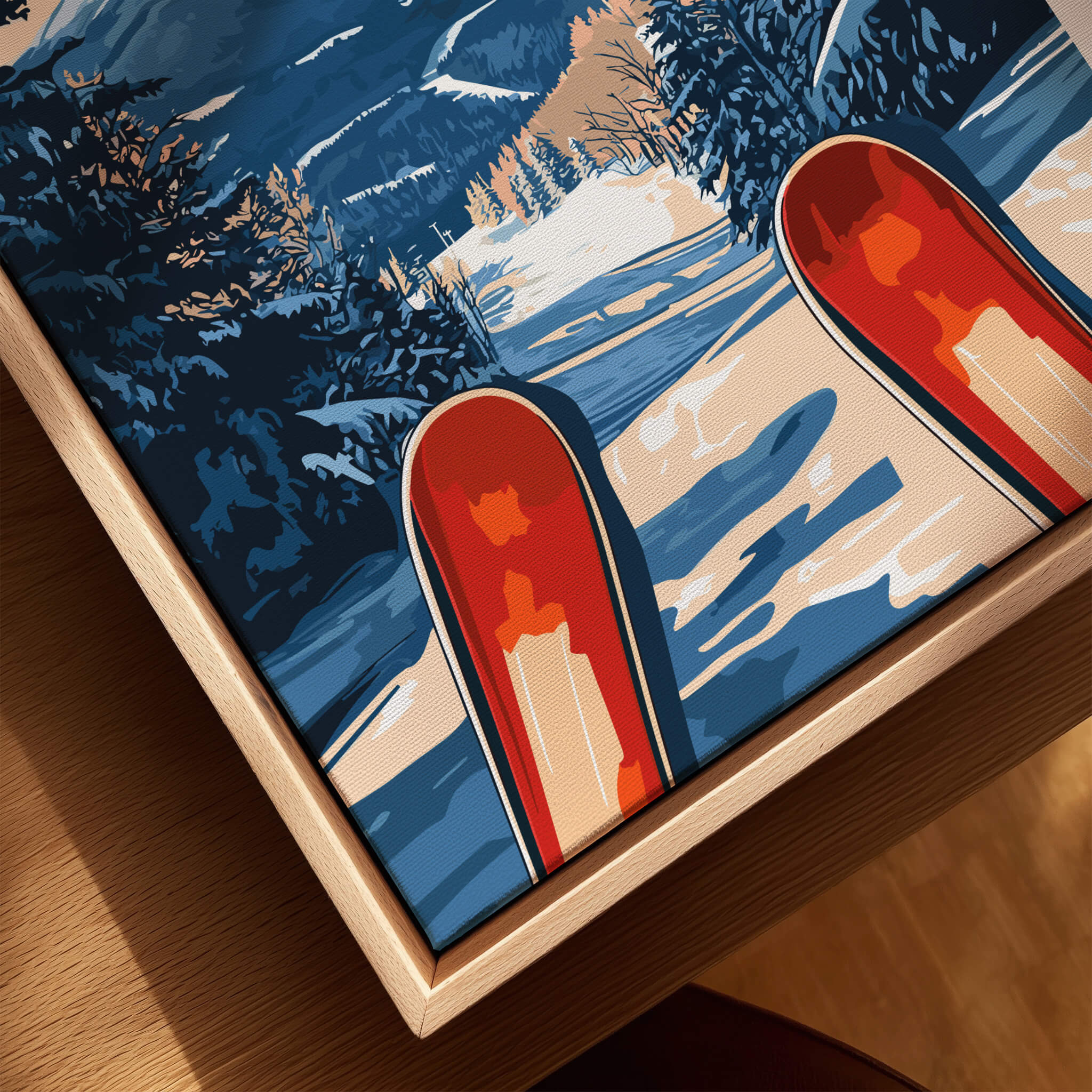 Whiteface Mountain Ski Poster featuring vibrant skis on a snowy path surrounded by trees and mountains.