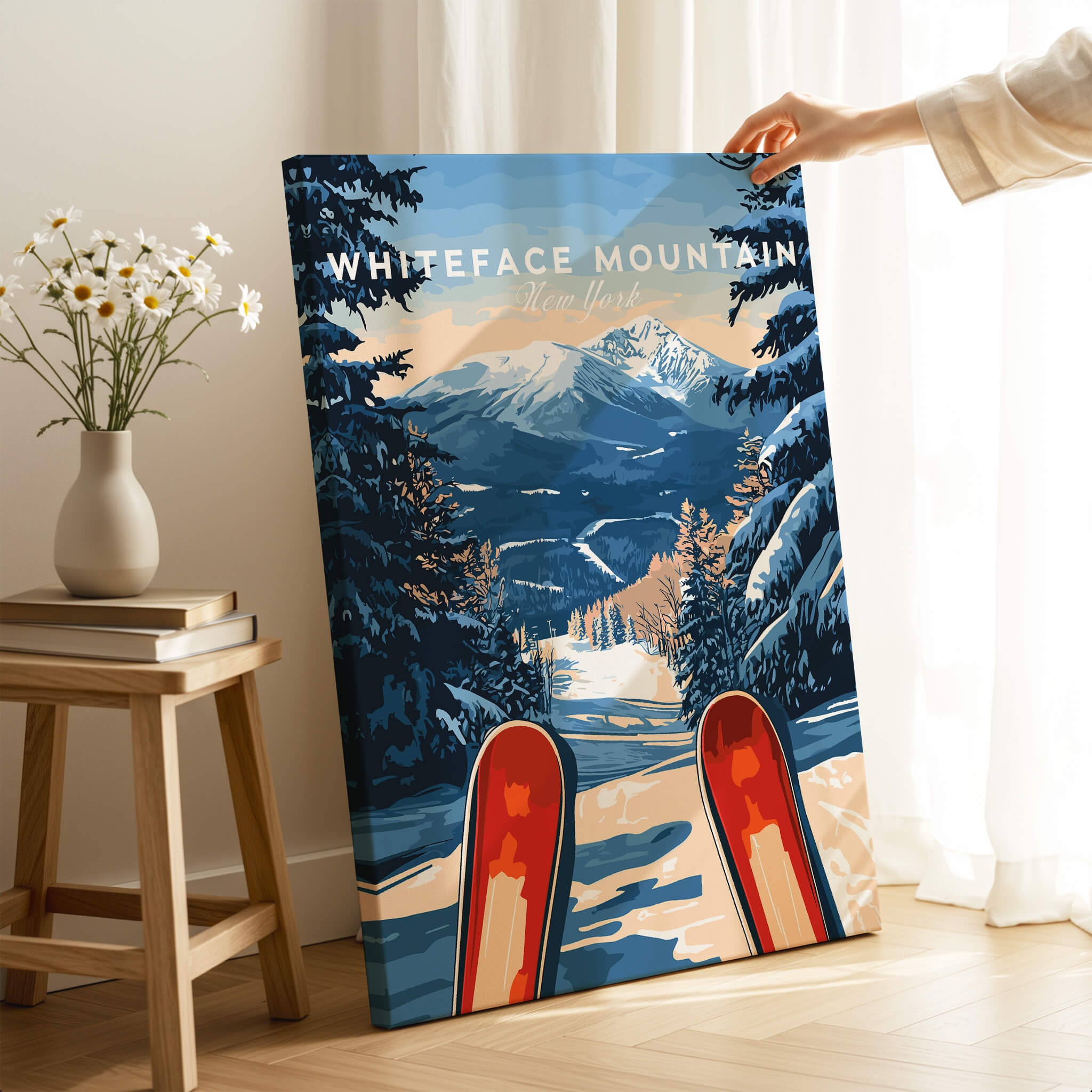Whiteface Mountain Ski Poster featuring ski tips and scenic winter landscape.