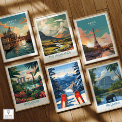 Collection of travel posters including Whiteface Mountain Ski Poster showcasing winter adventures.