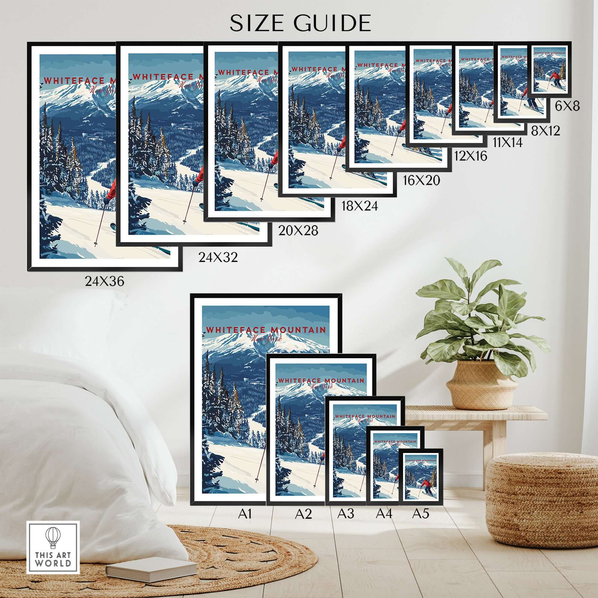 Size guide for Whiteface Mountain ski poster prints displaying various dimensions in a stylish room.