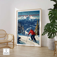 Whiteface Mountain art print featuring a skier in a red jacket on a snowy slope, perfect for ski lovers' home decor.