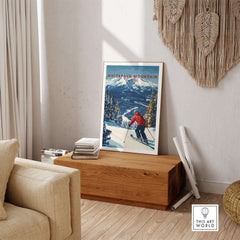 Whiteface Mountain print featuring a red jacket skier on snow-covered slopes, perfect for home decor and ski enthusiasts.