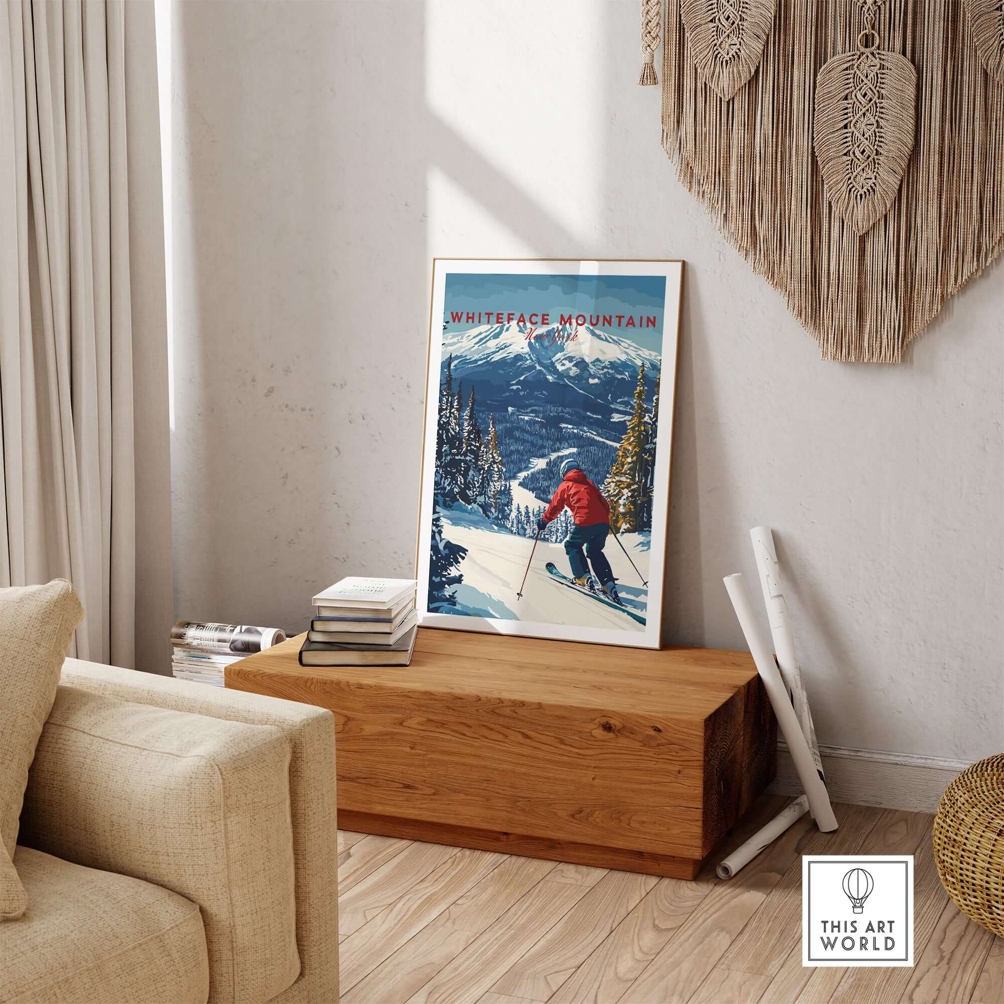 Whiteface Mountain print featuring a red jacket skier on snow-covered slopes, perfect for home decor and ski enthusiasts.