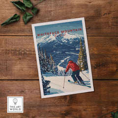 Whiteface Mountain poster featuring a skier in a red jacket on a snow-covered slope with scenic mountains in the background.