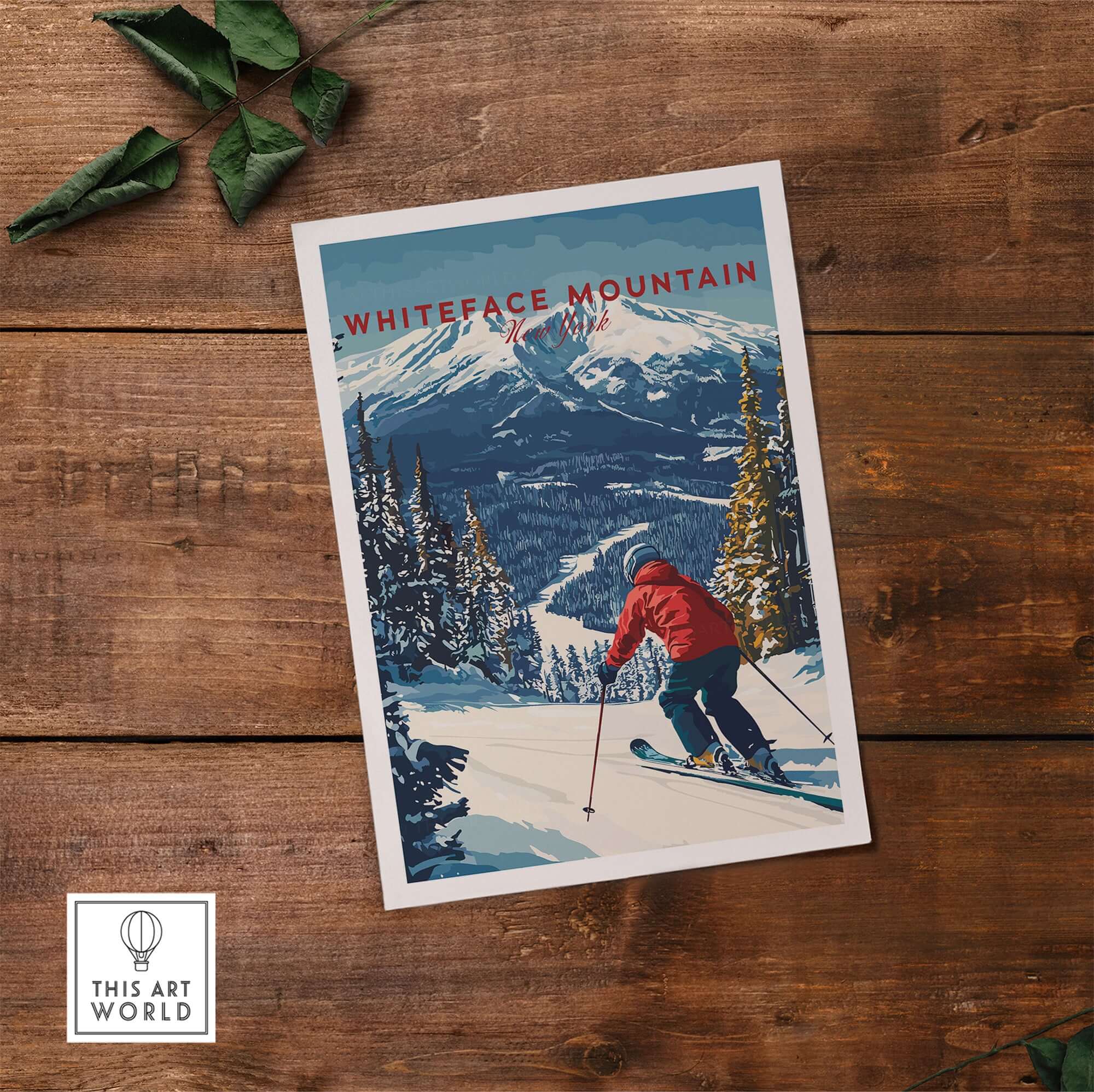 Whiteface Mountain poster featuring a skier in a red jacket on a snow-covered slope with scenic mountains in the background.
