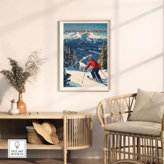 Whiteface Mountain print featuring a skier in a red jacket on snow-covered slopes, perfect for ski decor.