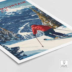 Whiteface Mountain print featuring a skier in a red jacket navigating snow-covered slopes in New York.