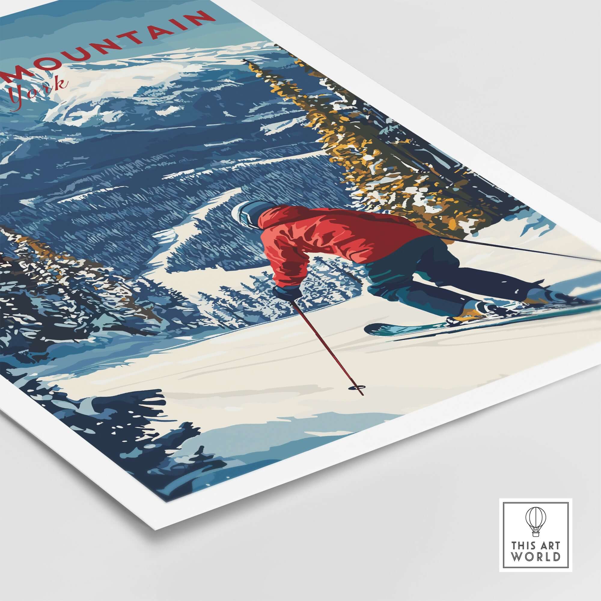 Whiteface Mountain print featuring a skier in a red jacket navigating snow-covered slopes in New York.