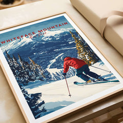 Whiteface Mountain art print showing a skier in a red jacket gliding through snowy terrain, perfect for skiing enthusiasts.