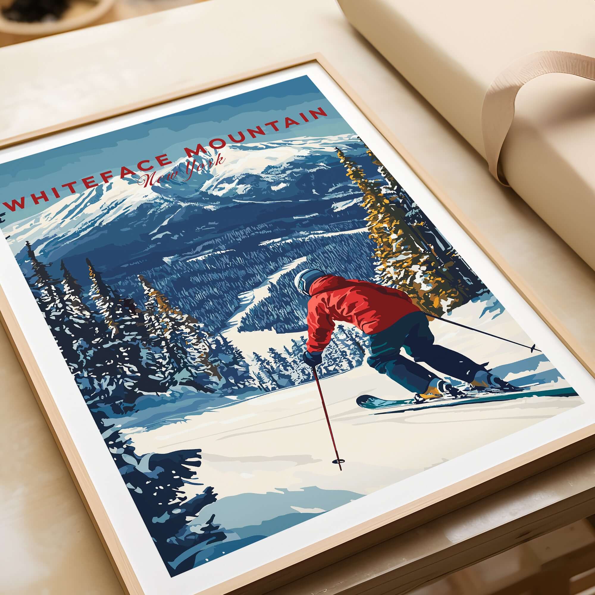 Whiteface Mountain art print showing a skier in a red jacket gliding through snowy terrain, perfect for skiing enthusiasts.