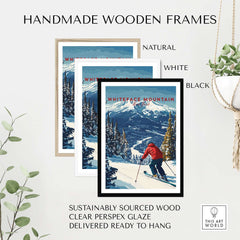 Handmade wooden frames with Whiteface Mountain ski poster featuring a skier in a red jacket, ready to hang.