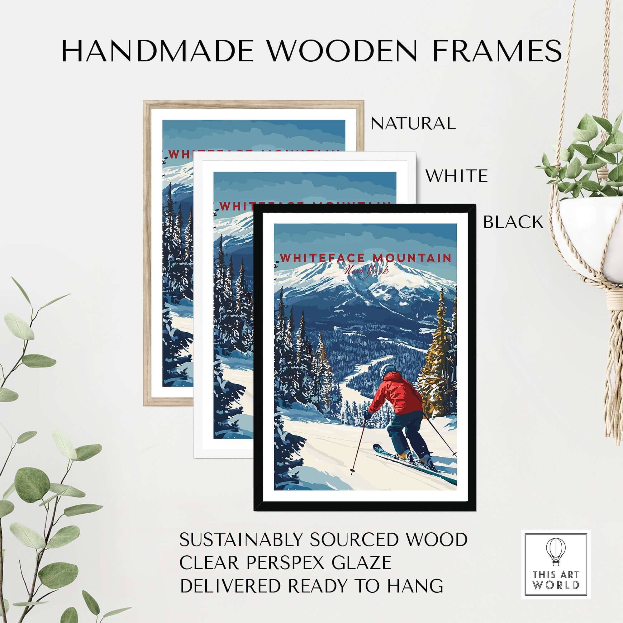 Handmade wooden frames with Whiteface Mountain ski poster featuring a skier in a red jacket, ready to hang.