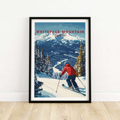 Whiteface Mountain print featuring a skier in a red jacket on a snowy slope, ideal for ski enthusiasts and home decor.