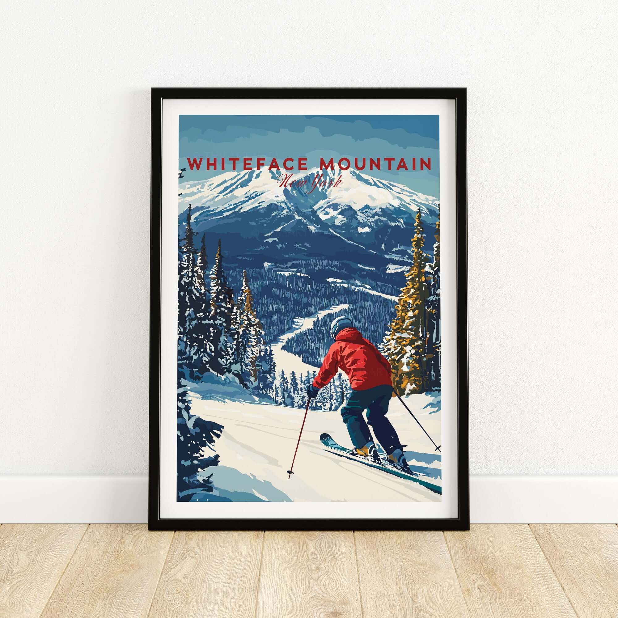 Whiteface Mountain print featuring a skier in a red jacket on a snowy slope, ideal for ski enthusiasts and home decor.
