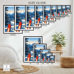 Size guide for Whiteface Mountain Ski Poster in various dimensions displayed in an elegant room setting.