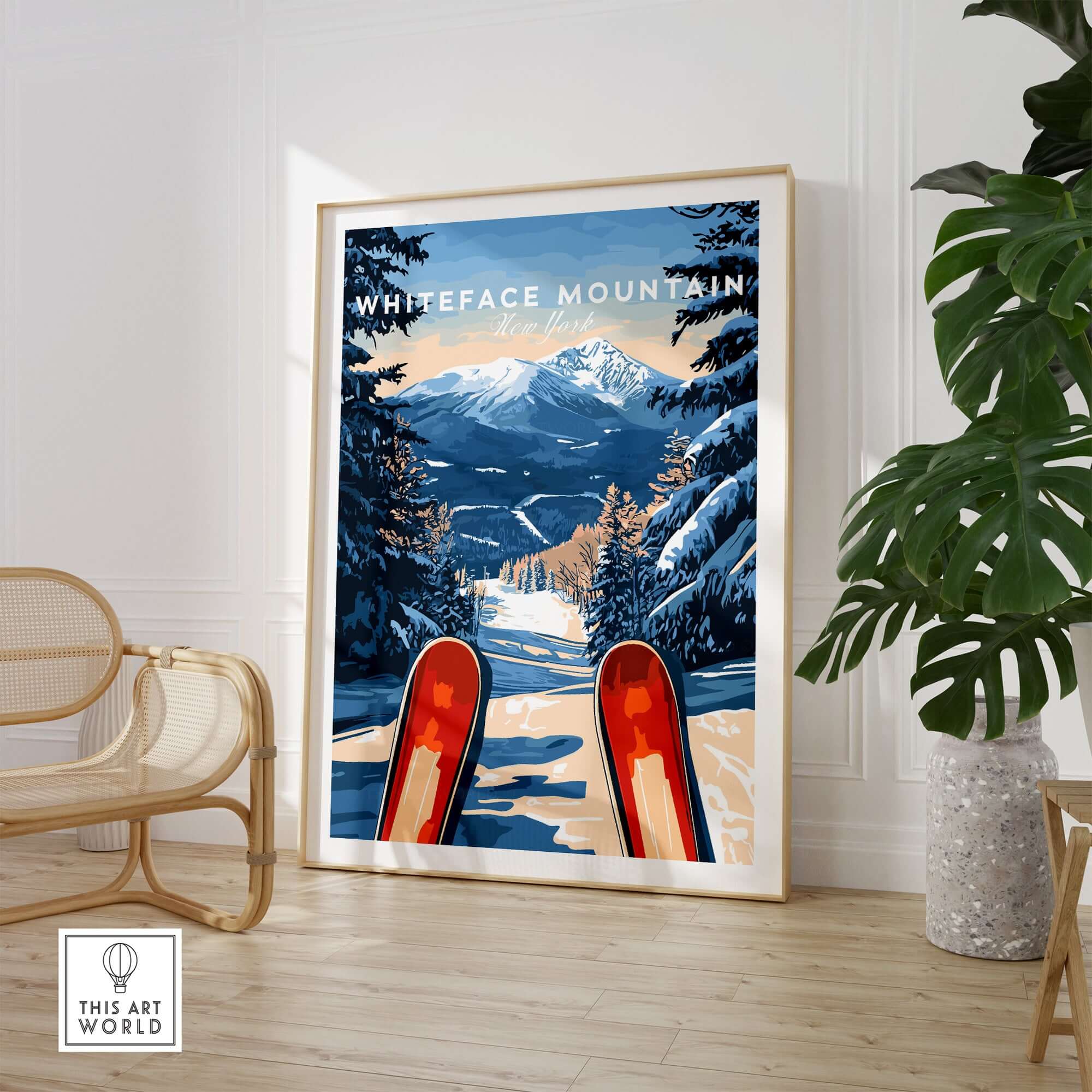 Whiteface Mountain ski poster featuring snowy slopes and red skis, perfect for winter adventure decor.
