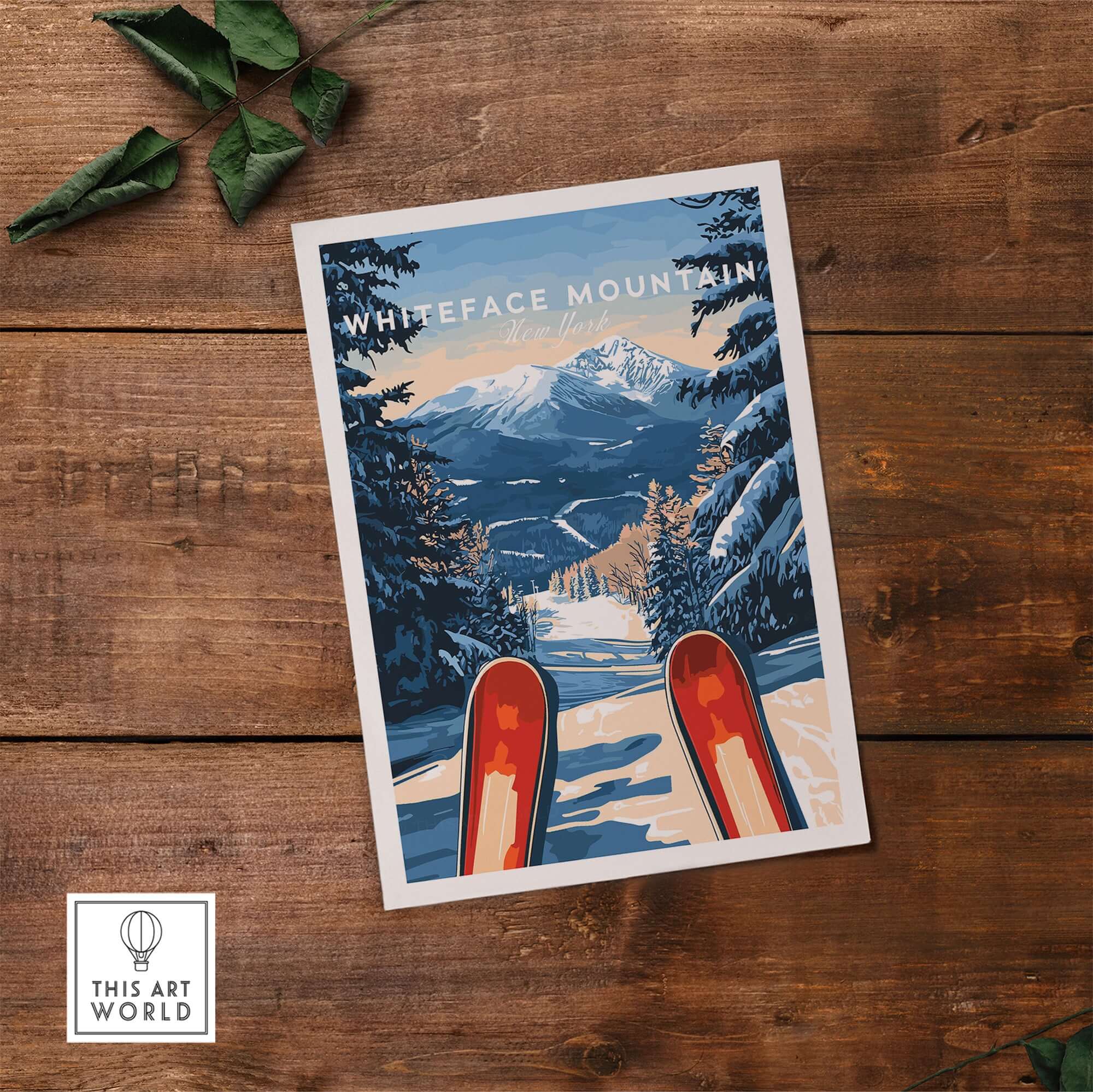 Whiteface Mountain ski poster showcasing winter landscape and skis, perfect for home or office decor.