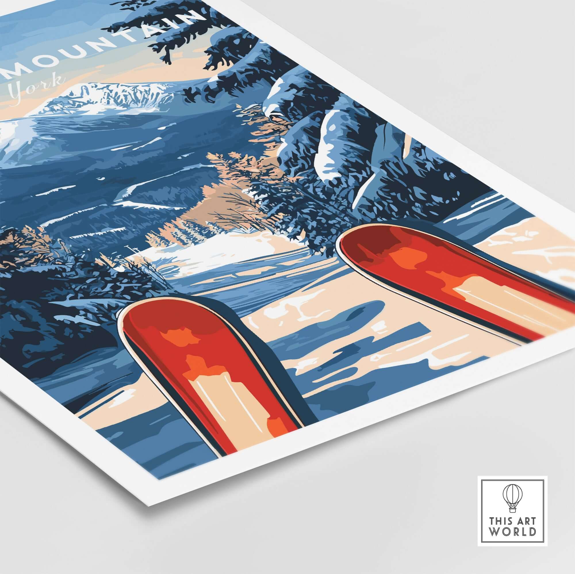 Vibrant Whiteface Mountain ski poster featuring red skis and a snowy landscape, perfect for winter adventure decor.