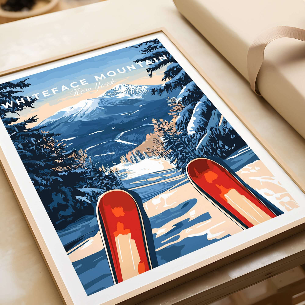 Whiteface Mountain Ski Poster featuring vibrant winter scenery and skis, perfect for home or office decor.