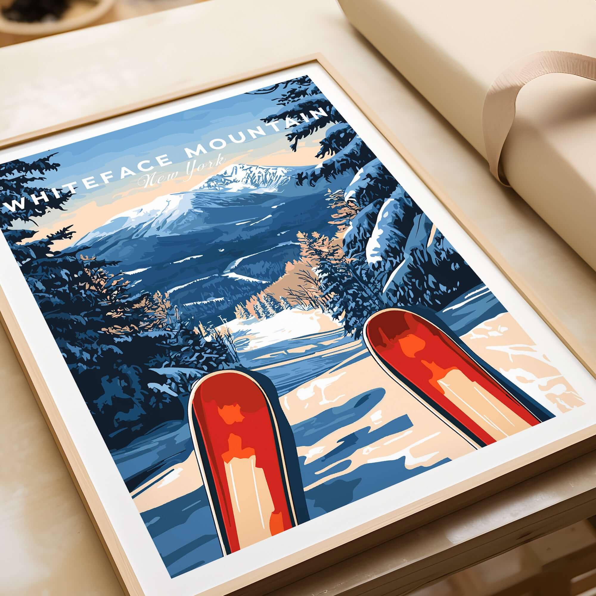 Whiteface Mountain Ski Poster featuring vibrant winter scenery and skis, perfect for home or office decor.