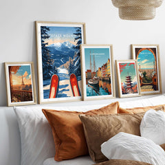 Decorative prints including a Whiteface Mountain ski poster displayed on a modern living room wall.