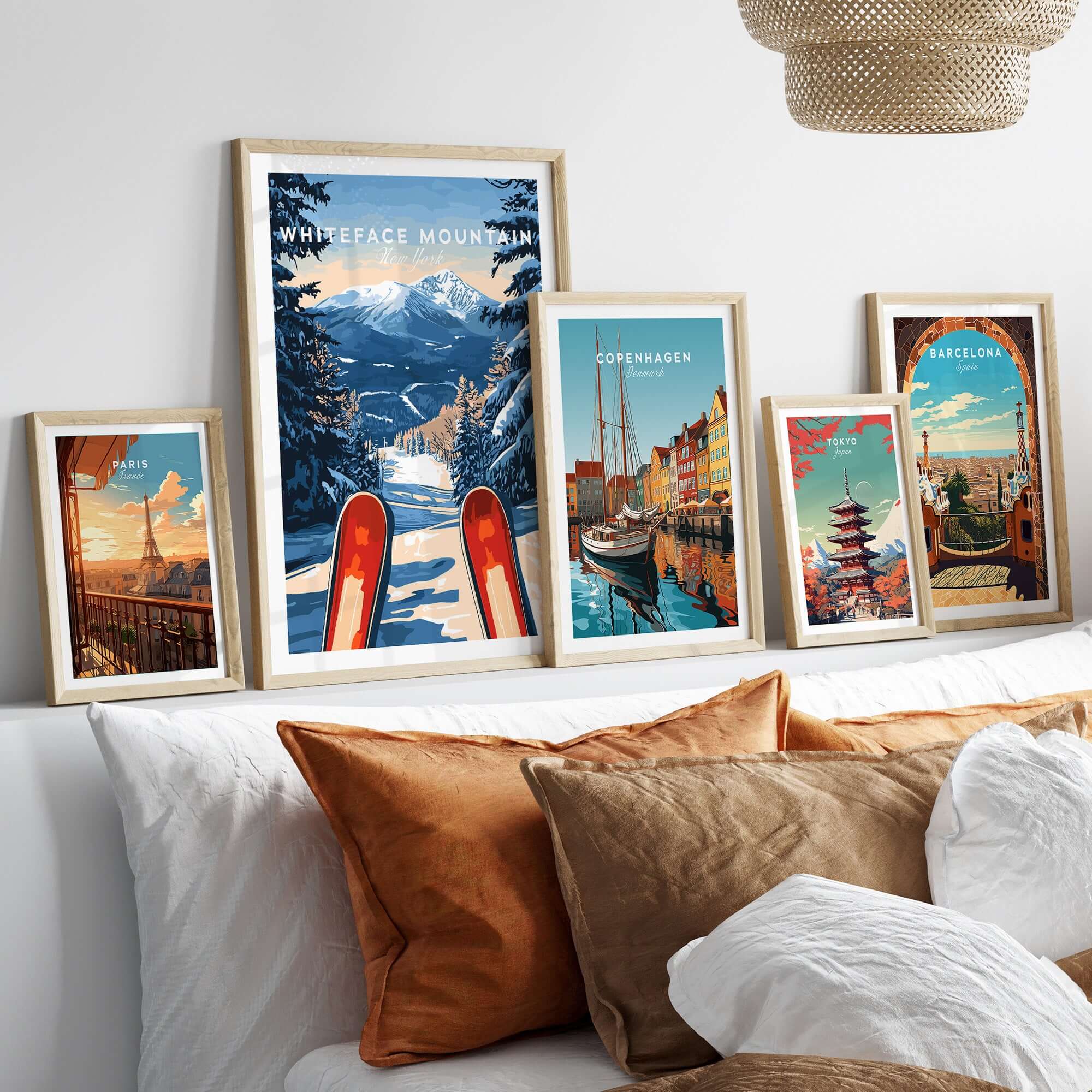 Decorative prints including a Whiteface Mountain ski poster displayed on a modern living room wall.