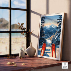 Whiteface Mountain ski poster displayed in a cozy interior, capturing the beauty of winter skiing adventures.