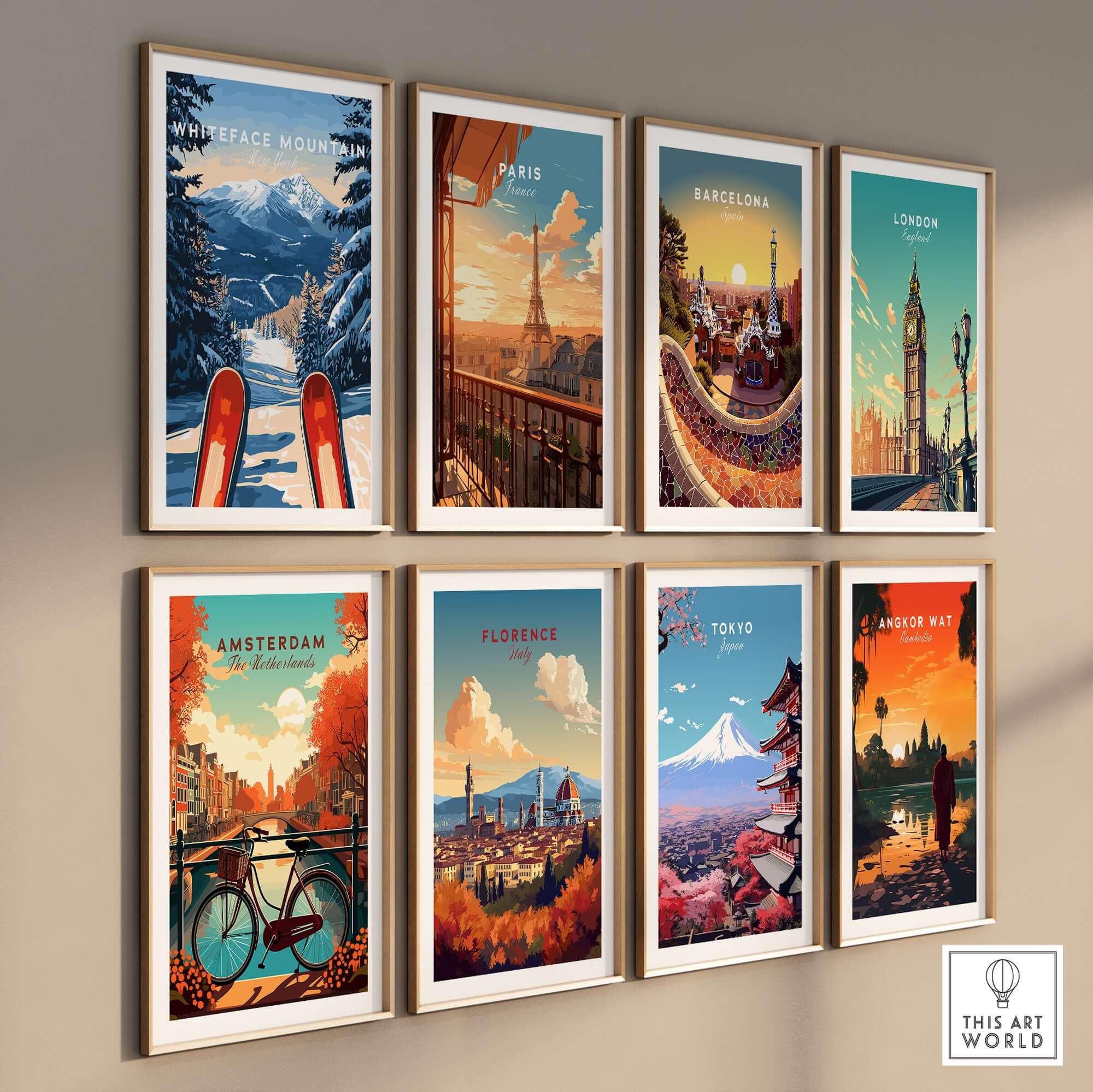 Gallery of travel posters including Whiteface Mountain, Paris, Barcelona, London, Amsterdam, Florence, Tokyo, and Angkor Wat.